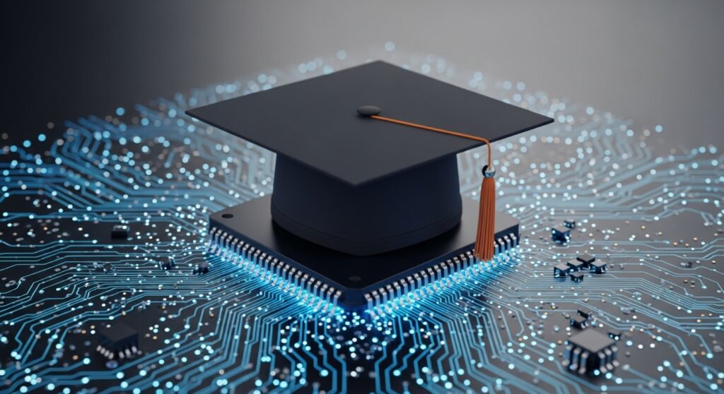 Digital Education and Technology Concept with Graduation Cap on Microchip and Circuit Board Design - Semicon.TODAY