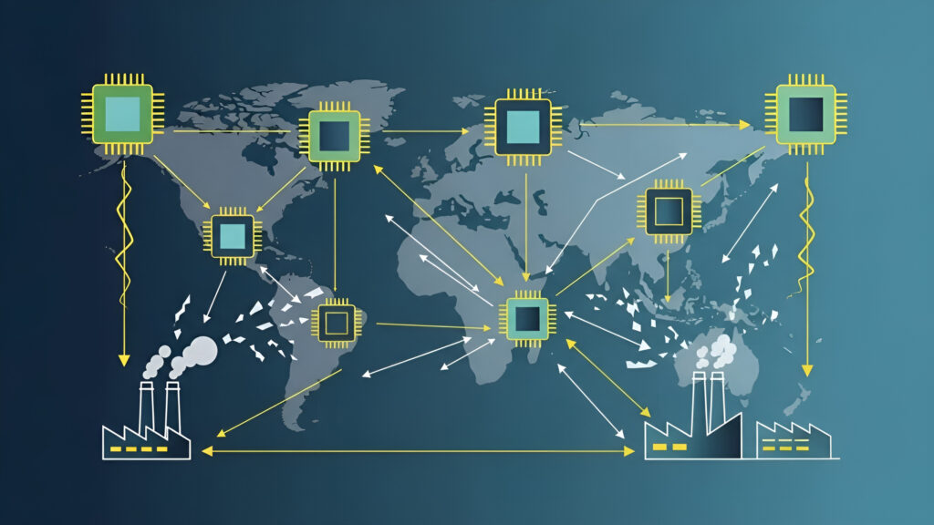 Global chips demonstrate movement impacting factories in conceptual trade illustration displaying interconnected supply chain - Semicon.TODAY