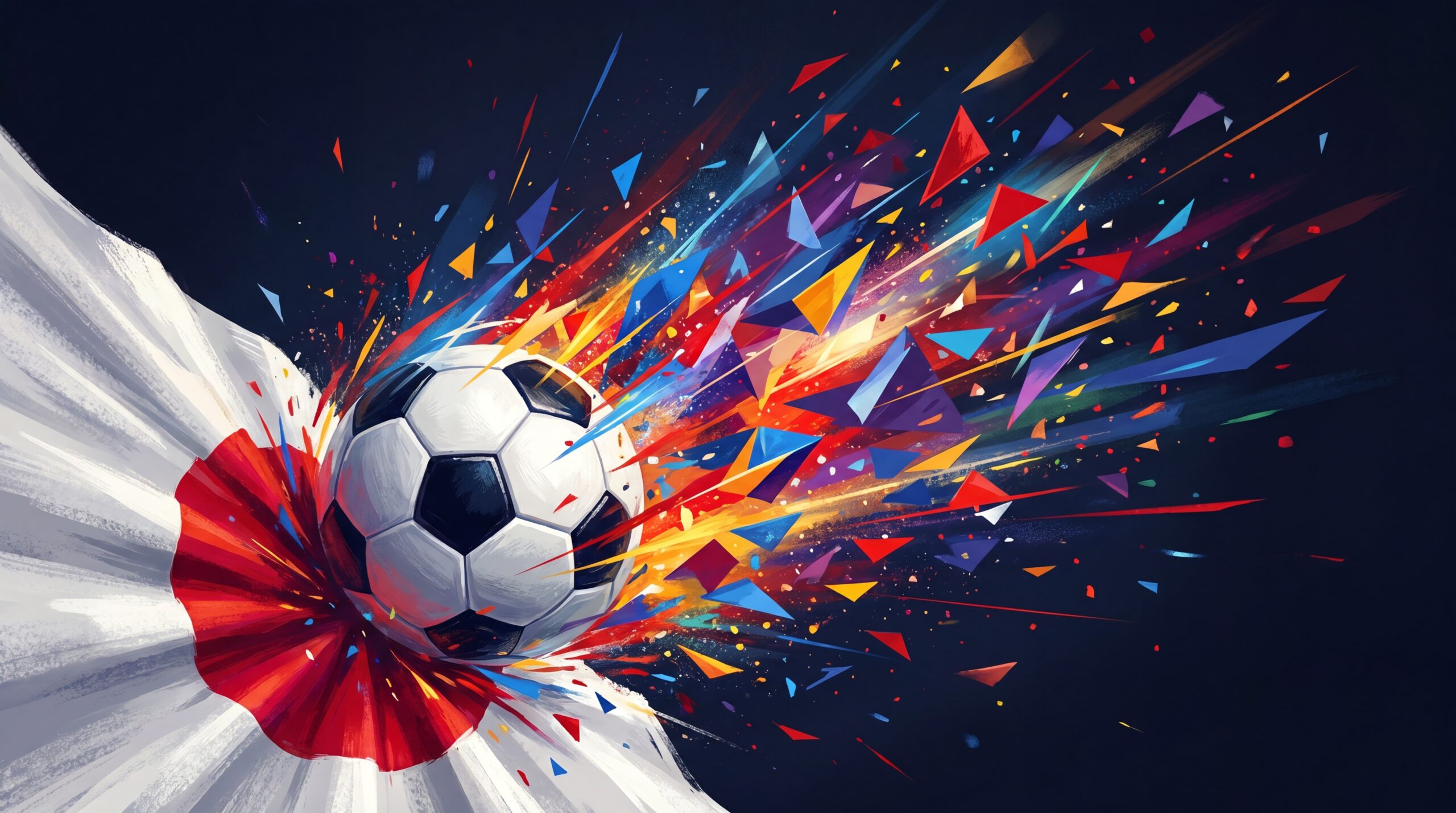Soccer ball breaking through a burst of colorful shapes on a dark background.