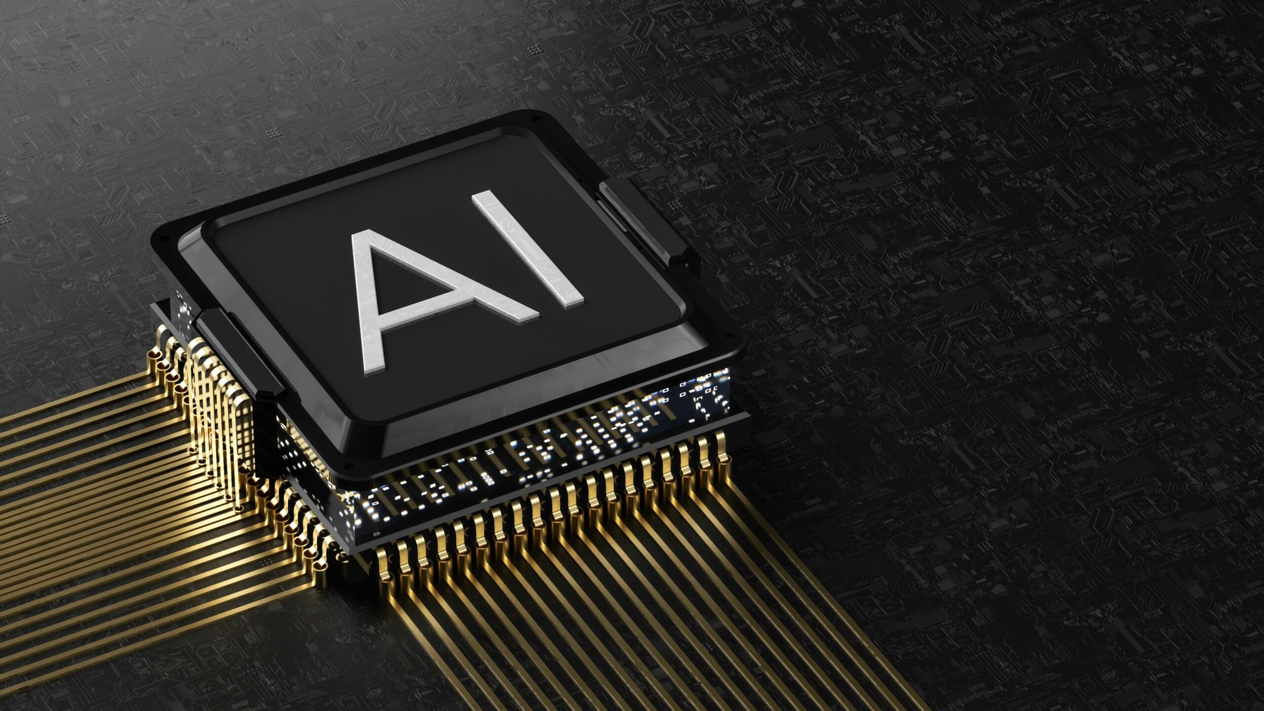 Close-up of a black processor with a large silver'AI' symbol, mounted on gold-plated circuit traces on a dark motherboard.