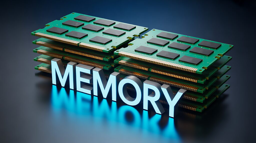 Computer memory concept with stacked ram modules representing high performance data storage - SEMICON.TODAY Stack of green RAM memory modules with gold connectors and a blue'MEMORY' sign underneath, illustrating computer memory components.