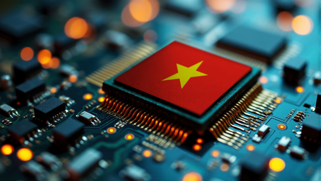 A Vietnam themed chip is embedded on a circuit board with illuminated pathways, highlighting innovation in electronics and cutting-edge hardware. - Semicon.TODAY
