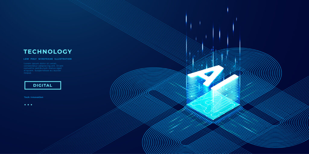 AI isometric futuristic chip with electric circuit wires on technology background Artificial Intelligence hologram logo on light glowing semiconductor Tech bg Data flow Vector illustration - Semicon.TODAY