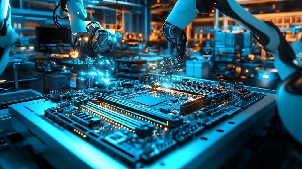 A futuristic manufacturing setup where motherboards are being cooled and tested by advanced robots glowing under soft blue light - Semicon.TODAY