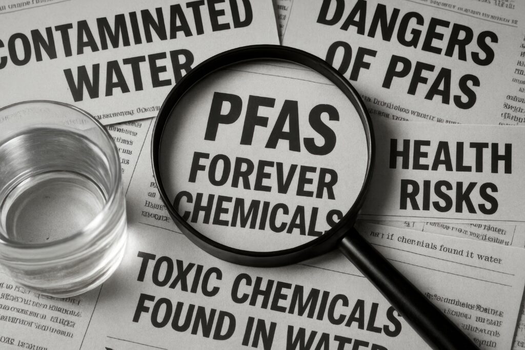 Magnifying glass over articles discussing health risks of PFAS chemicals in water - Semicon.TODAY