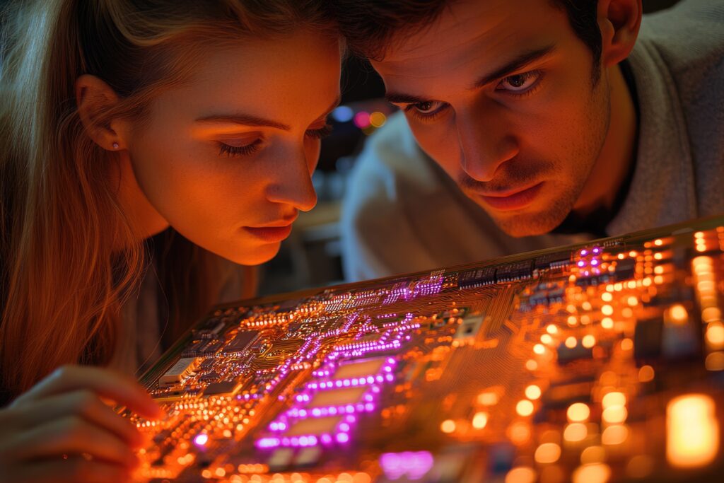 Two young engineers meticulously examine a glowing circuit board engrossed in intricate details - Semicon.TODAY