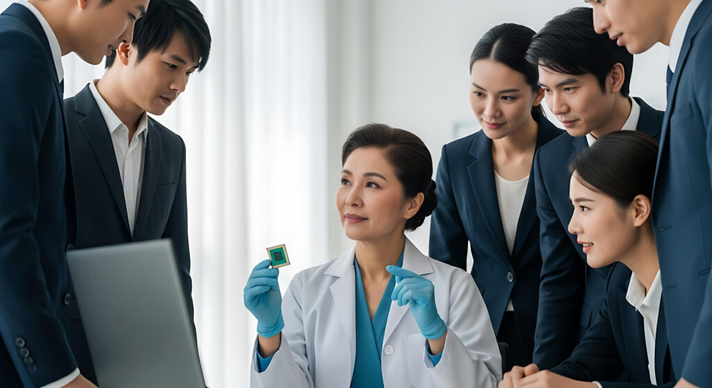 Asian scientists and business team analyze microchip technology showcasing innovation and collaborative success in a modern lab - Semicon.TODAY
