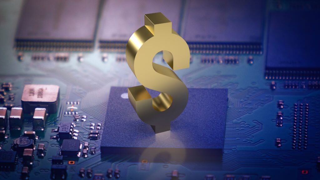 The dollar gold symbol on PCB BOARD for business or technology concept 3d rendering - Semicon.TODAY