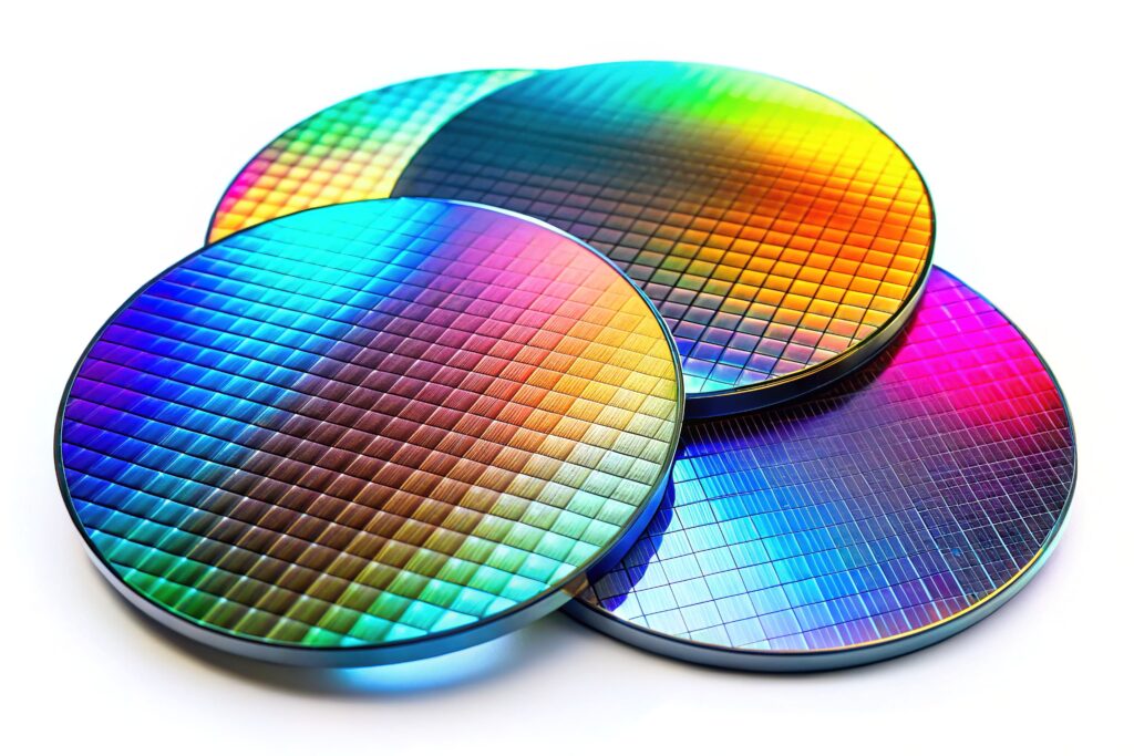 Three Silicon Wafers 300mm 200mm 100mm on White Background - Semiconductor Technology Stock Photo - Semicon.TODAY