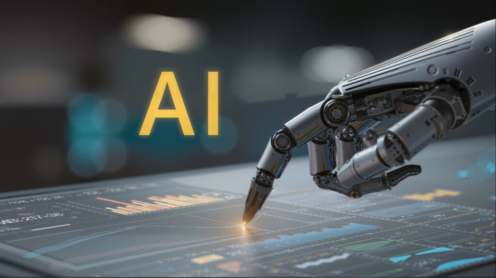 Robot Arm Holding Pen to Operate Data Chart Presenting AI - Driven Intelligent Data Analysis Scenario - Semicon.TODAY
