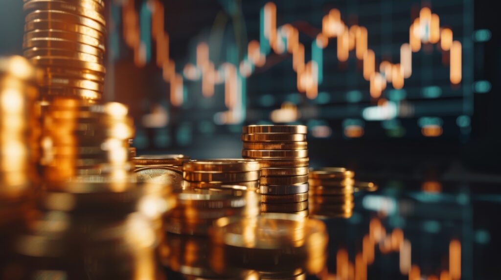 Unas monedas doradas apiladas se ven frente a un gráfico de mercado financiero La imagen simboliza riqueza inversión y el crecimiento económico en el contexto de los mercados bursátiles - Semicon.TODAY