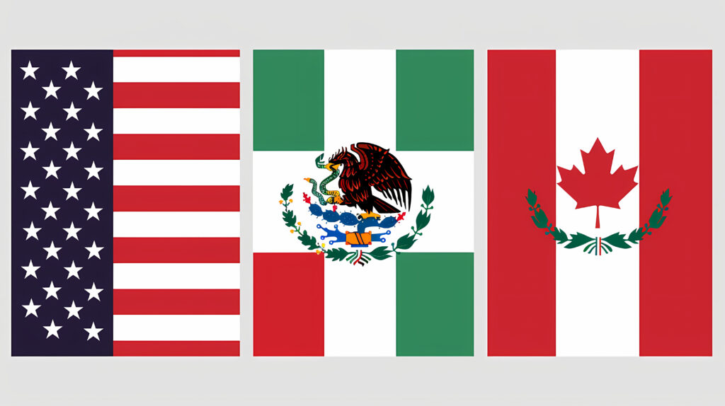 USMCA Flags The national flags of the United States Mexico and Canada displayed side-by-side symbolizing the United States-Mexico-Canada Agreement USMCA - Semicon.TODAY