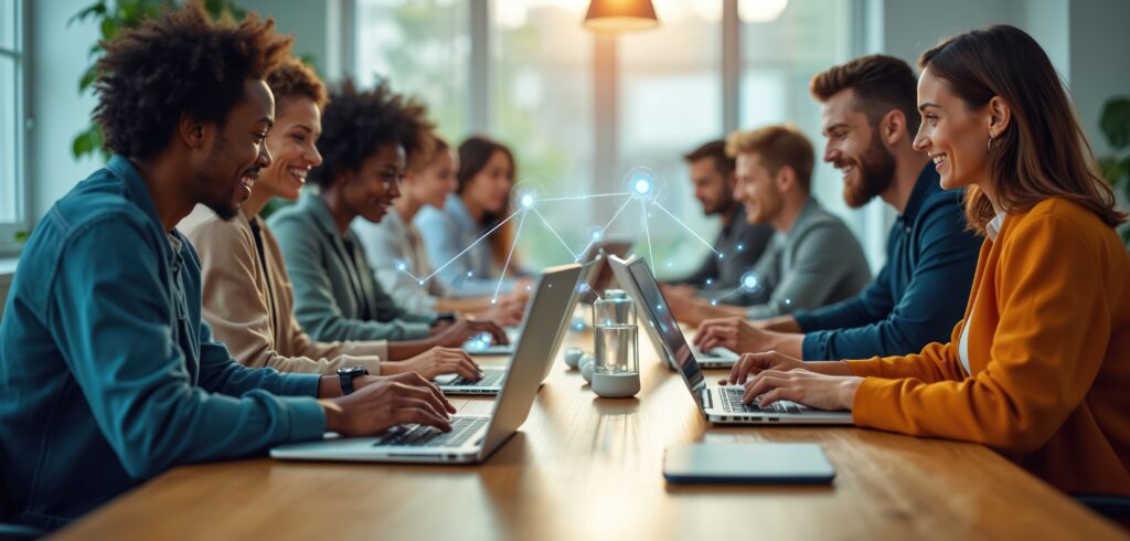 Diverse team meeting at start up office Colleagues work on laptops networking in cyberspace discussing finance corporate business AI digital technology global connection - Semicon.TODAY