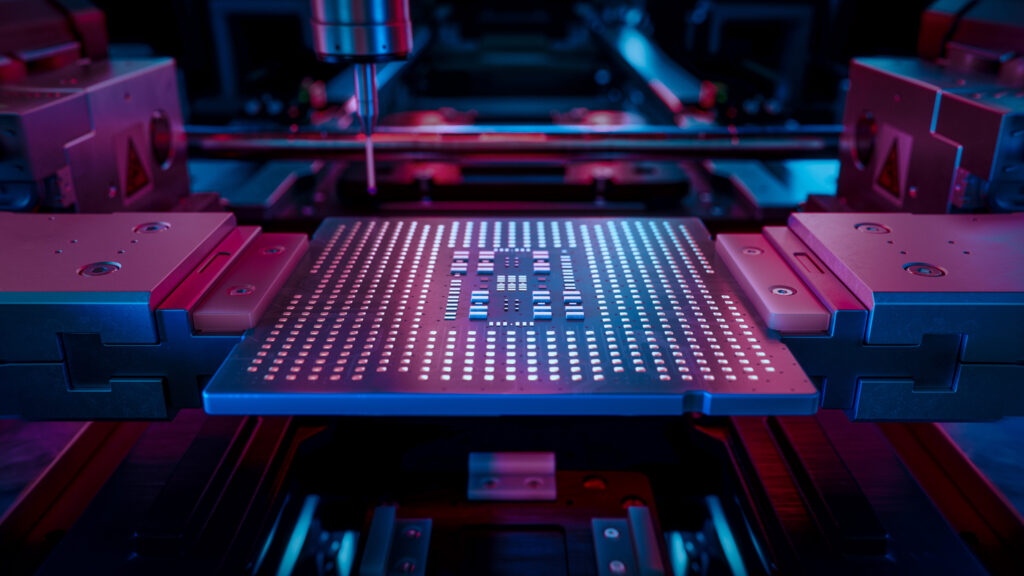 Close-up of Microchip on Conveyor Line during Production and Packaging Process on Semiconductor Fab Processor at Engineering Lab Computer Chip illuminated with Red Light in Industrial Environment - Semicon.TODAY