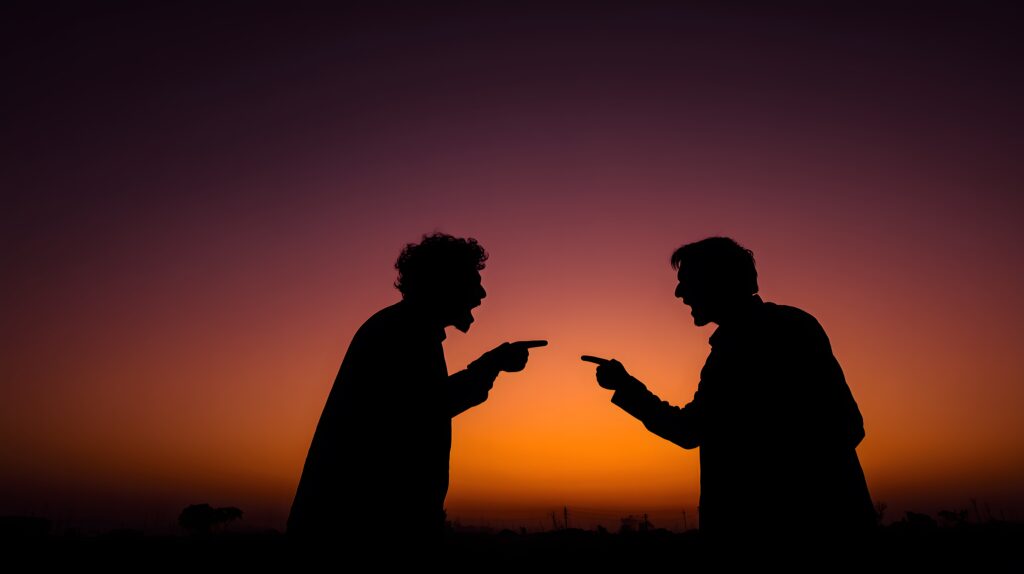 Silhouette of two men arguing and pointing fingers at each other during dramatic sunset sky conflict and disagreement concept heated conversation in evening light - Semicon.TODAY