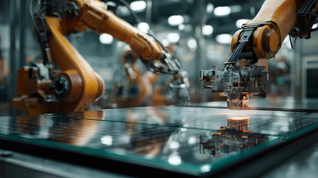 Automated robotic arms assembling and processing solar panel components in modern factory showcasing advanced manufacturing technology and sustainable energy production - Semicon.TODAY