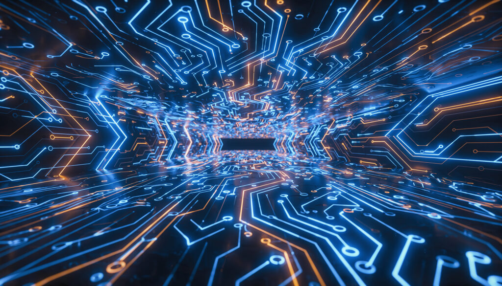 Futuristic Circuit Board Tunnel and High-Speed Data Flow 未来的な電子回路と高速データ通信のトンネル デジタルイラスト - Semicon.TODAY