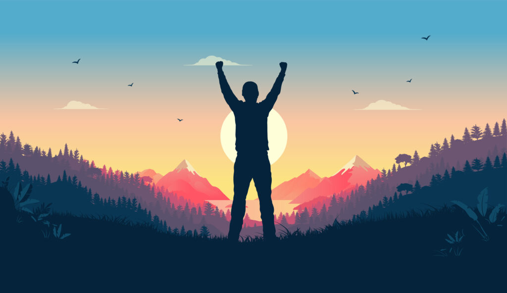 Personal victory and winning - Person standing in landscape watching sunrise celebrating triumph alone Feel good concept vector illustration - Semicon.TODAY