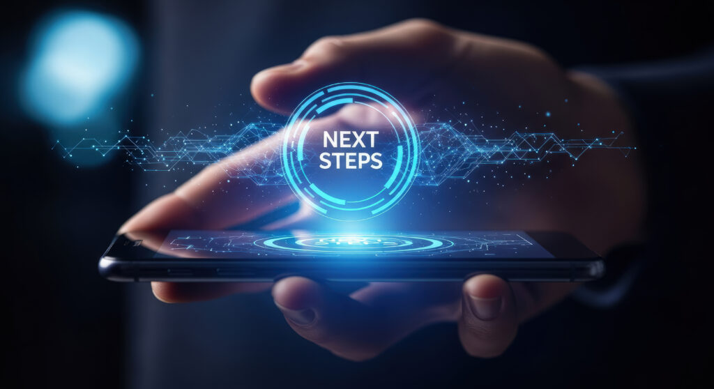 Person holds smartphone displaying next steps interface with glowing data networks visible in the dark - Semicon.TODAY