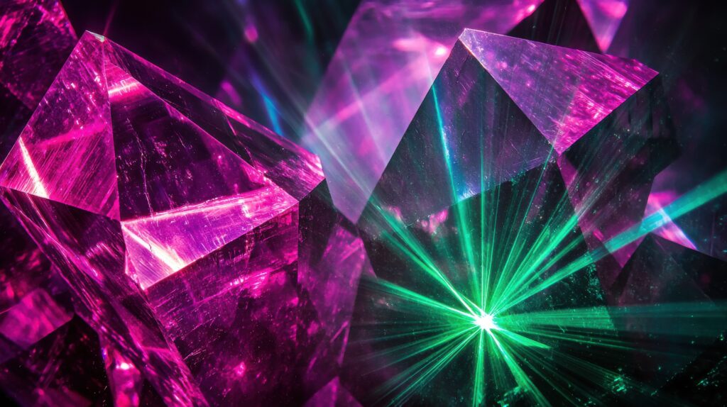 Laser beam modulation through transparent geometric crystal prisms creating vibrant magenta cyan emerald interference patterns with radiating light effects angular formations - Semicon.TODAY