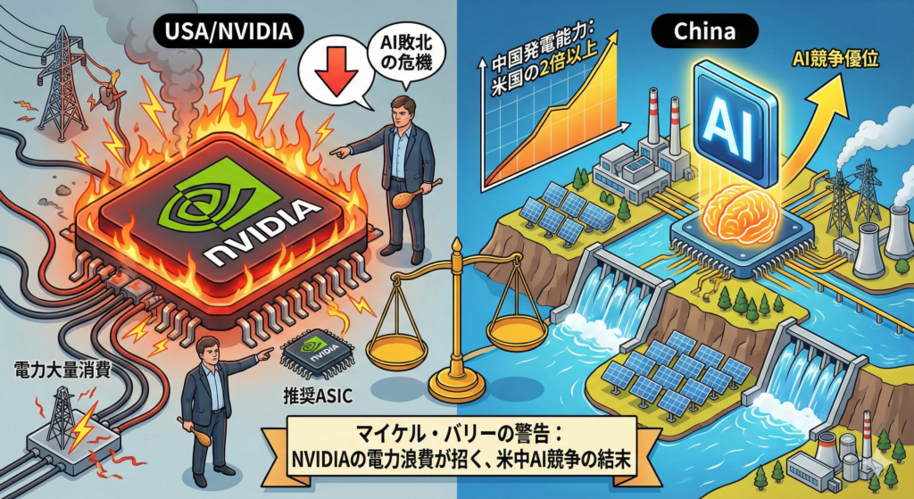 『マネーショート 華麗なる大逆転』は、NVIDIAの電力を大量に消費するチップの開発を批判し、米国が今後もこれに頼り続けるなら、AI競争で中国に負けるだろうと述べている。