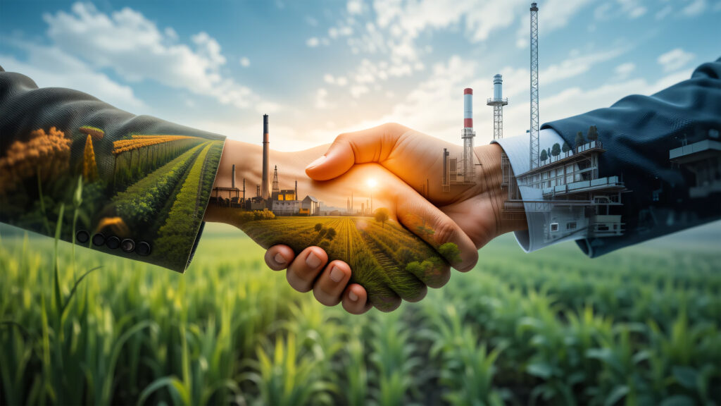 Handshake Overlaying Fields And Factories Symbolizing Cooperation And Industrial Agriculture Deal - Semicon.TODAY