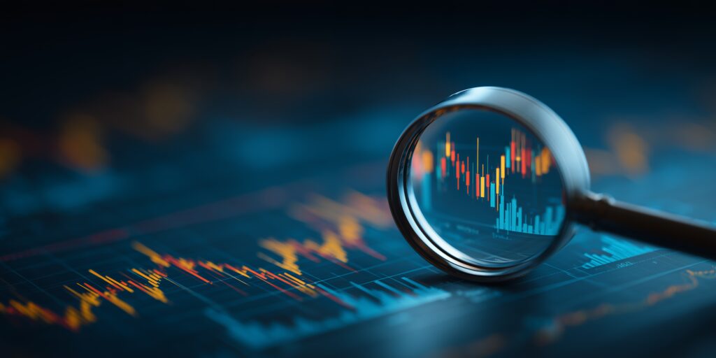 Magnifying glass focusing on candlestick chart showcasing market analysis on a dark background concept for financial review investment strategy and business intelligence data analysis - Semicon.TODAY