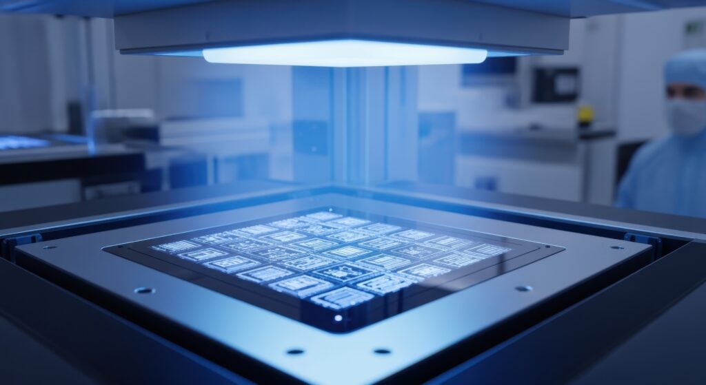 Multilayer chip pattern design projected onto wafer surface during photolithography exposure inside bright filteredair cleanroom - Semicon.TODAY