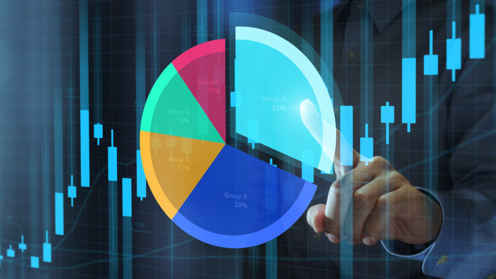 Investment portfolio Diversification and asset allocation Investor rebalancing the portfolio to manage exposure Man touching pie chart and candlestick chart - Semicon.TODAY