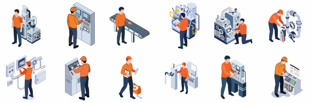 Isometric Detailed Factory Worker Characters Operating Machinery And Manufacturing Equipment Icons - Semicon.TODAY