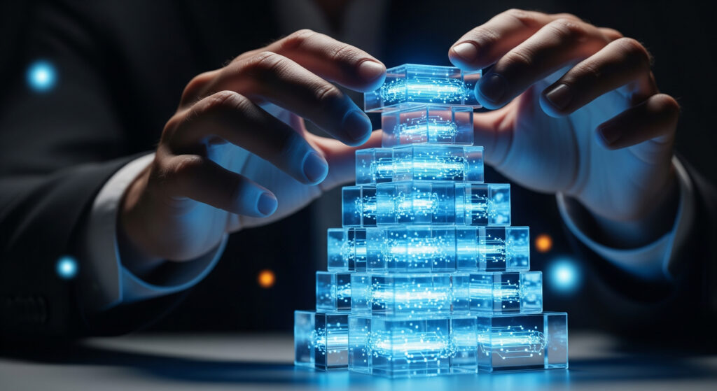 Hands carefully stacking glowing blue digital blocks building a futuristic structure - Semicon.TODAY