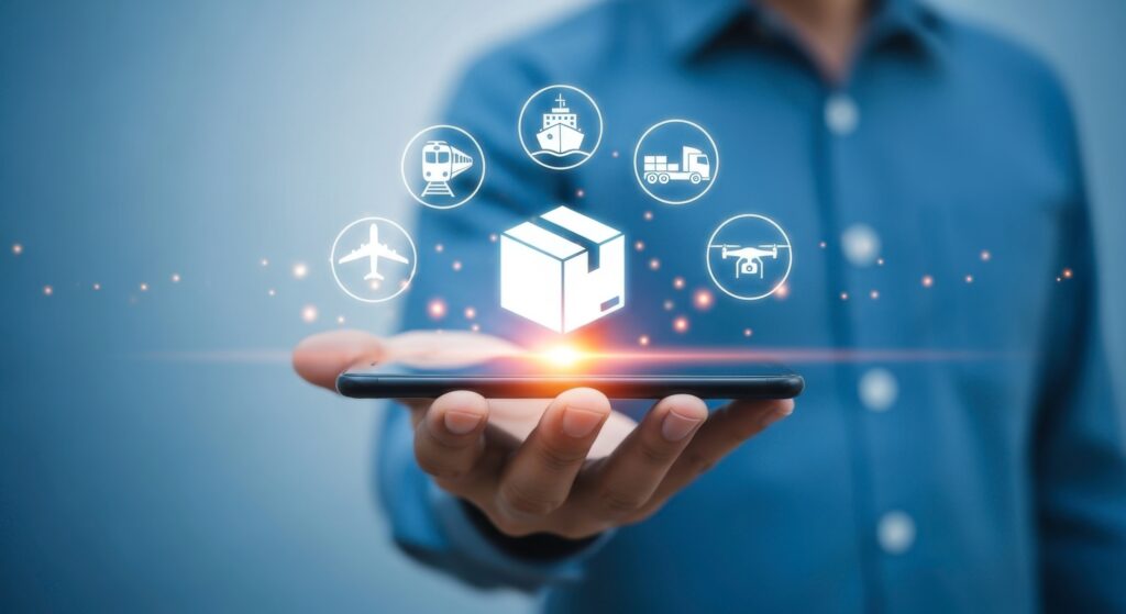 Person holding a phone with shipping icons floating above it representing global delivery services - Semicon.TODAY
