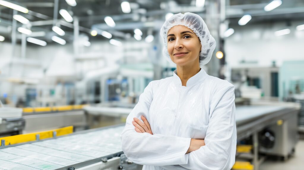 Successful female production worker with arms crossed A food industry professional or manager in a clean room factory or dairy plant - Semicon.TODAY
