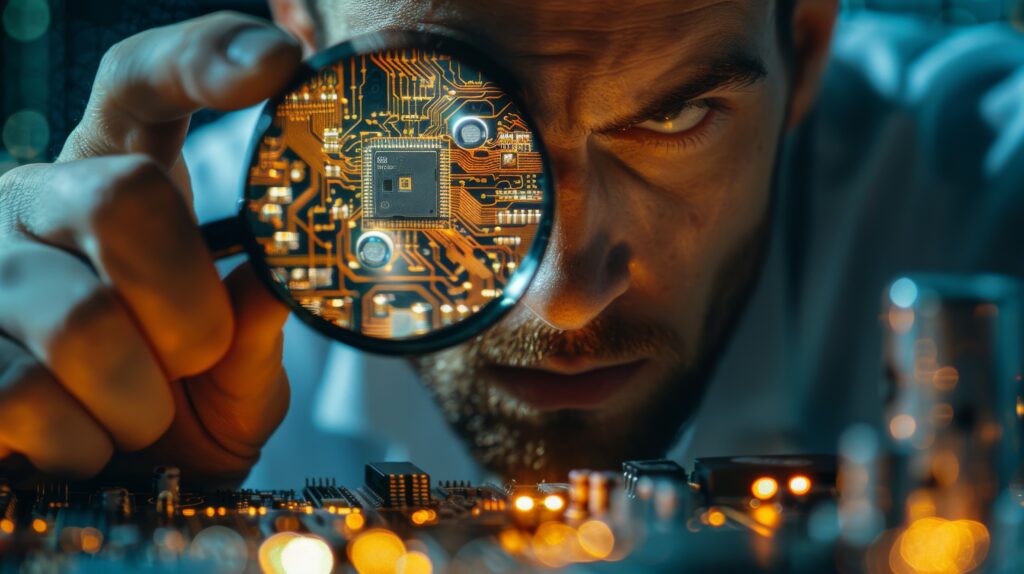 Engineer with magnifying glass examining microchip sunset macro detail oriented triumph - Semicon.TODAY