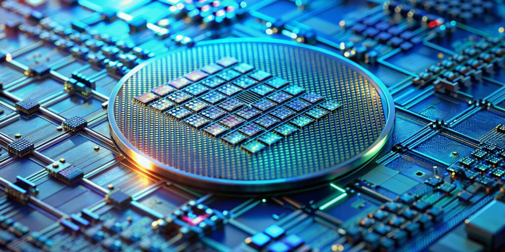 Microscopic view of intricate silicon wafer with complex circuitry patterns and tiny transistors illuminated by a soft blue glow showcasing advanced computer chip technology - Semicon.TODAY