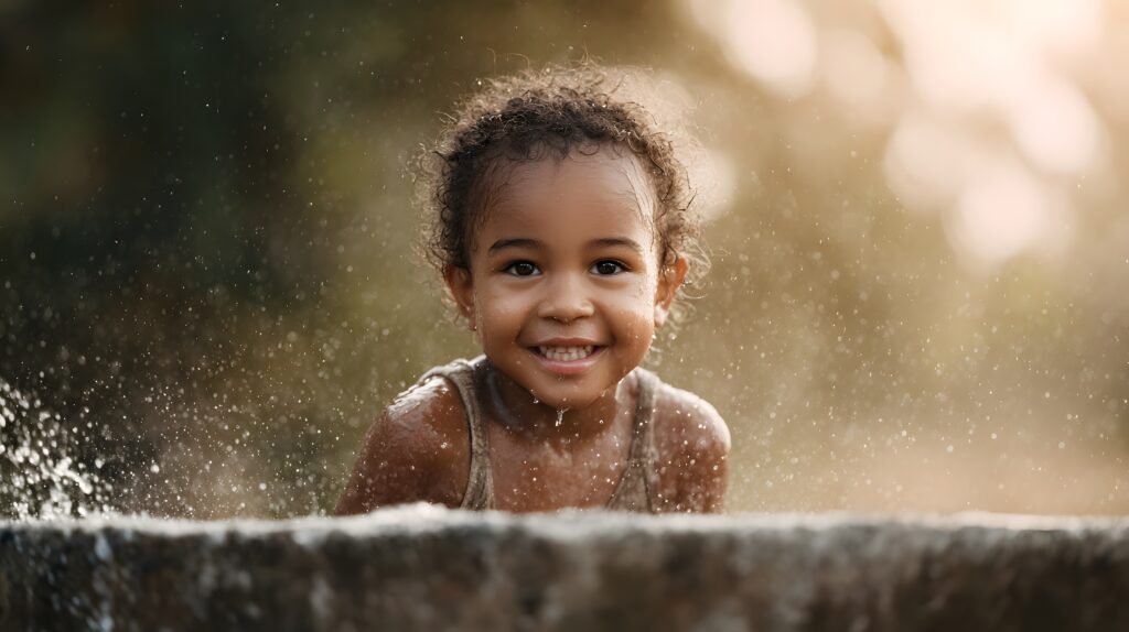 Joyful child splashing in clean rural well water under warm sunlight - Semicon.TODAY