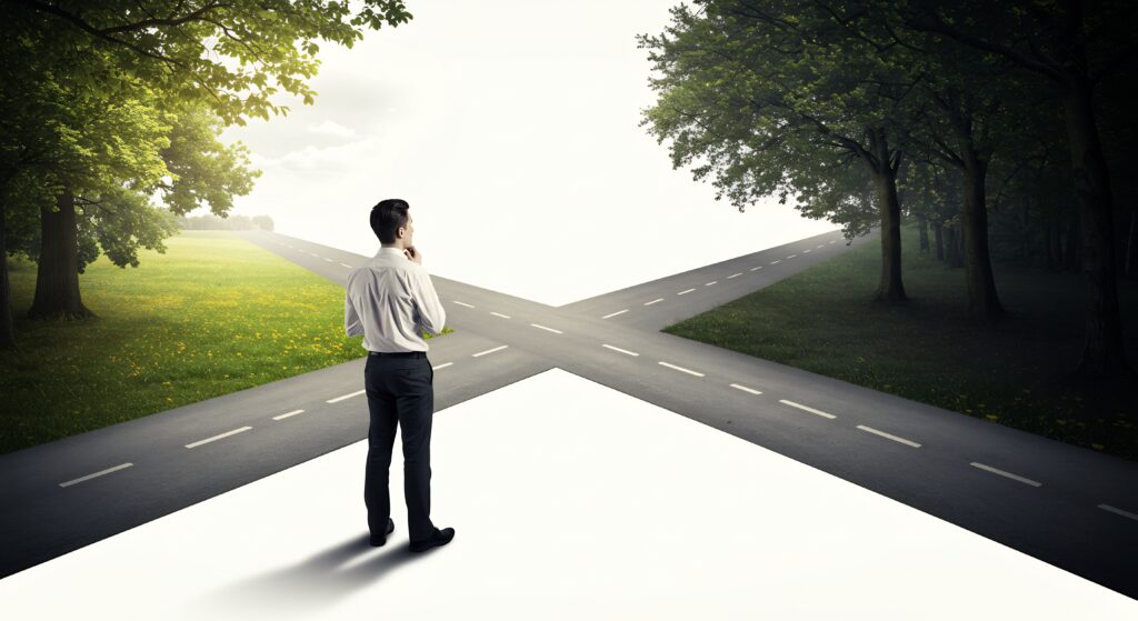 分岐点で悩む男性 光と影の対比 重要な選択 AI Generated - Semicon.TODAY