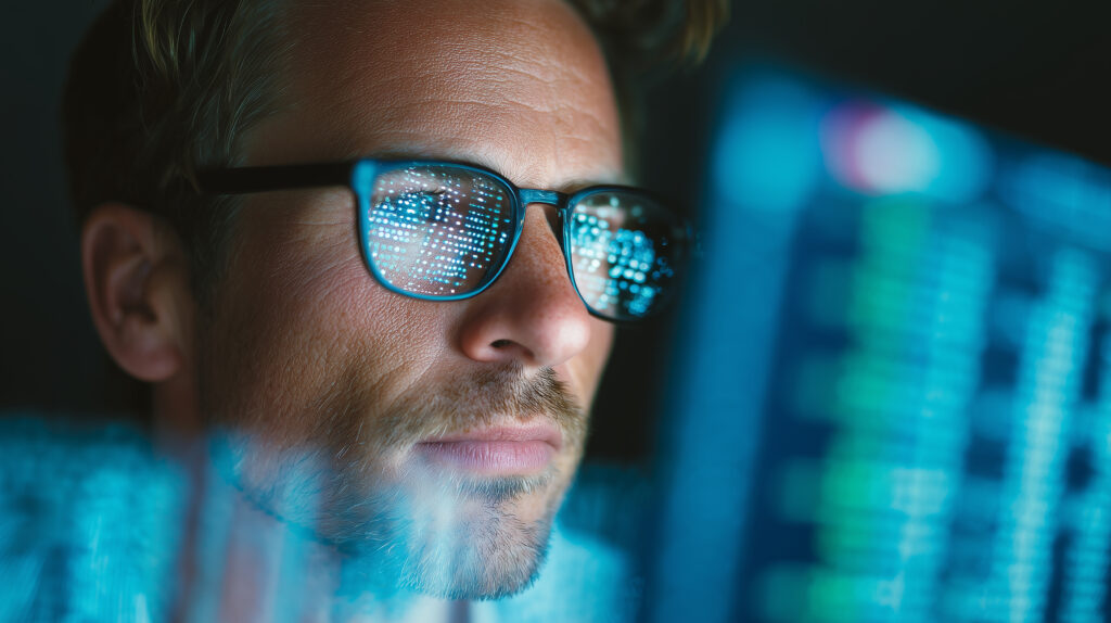 Close-up of a focused man wearing glasses reflecting digital code on multiple screens working late on data analysis and software development in a dark modern office environment - SEMICON.TODAY