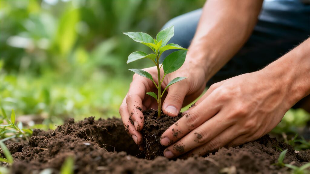 Close-up of a persons hands gently surrounding a newly planted green sapling in moist dark soil against a blurred natural background - SEMICON.TODAY