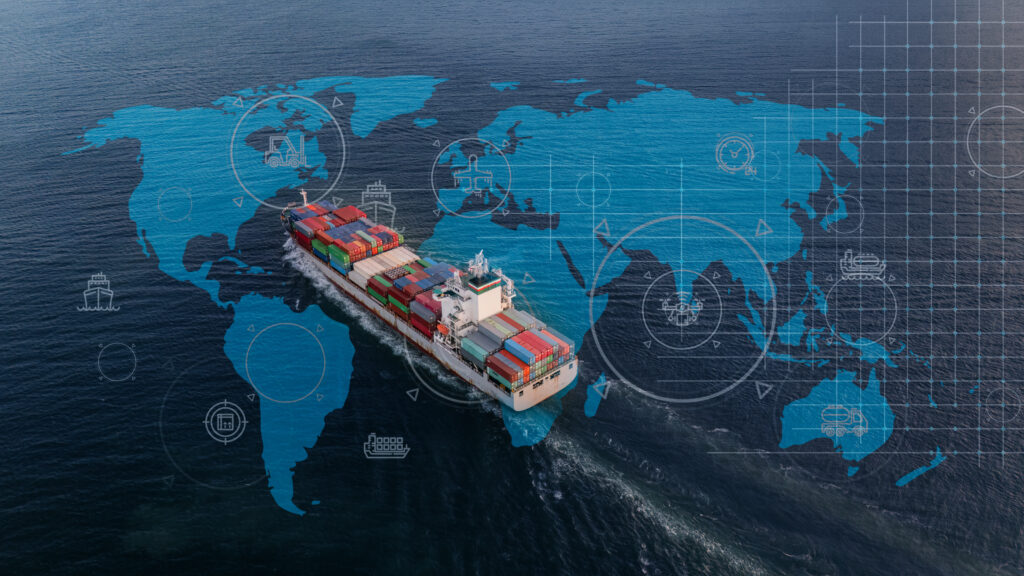 Aerial top view containers ship cargo business commercial logistic and transportation international import export by container freight cargo ship in the open seaport show ocean network on map - Semicon.TODAY