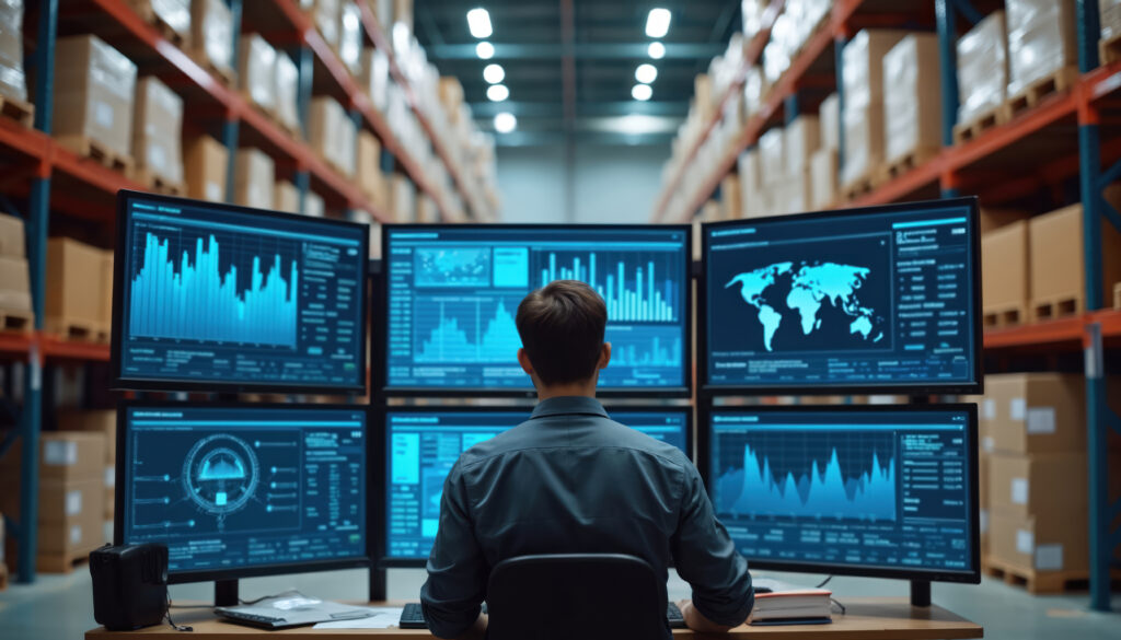Man studies graphs on multiple screens in warehouse Person analyzes data charts world map on computer monitors Logistics control center displays inventory information - Semicon.TODAY
