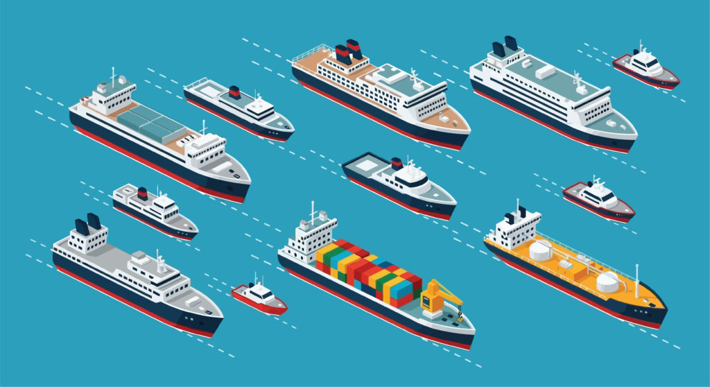 Isometric illustration of various commercial ships and ocean vessels - Semicon.TODAY