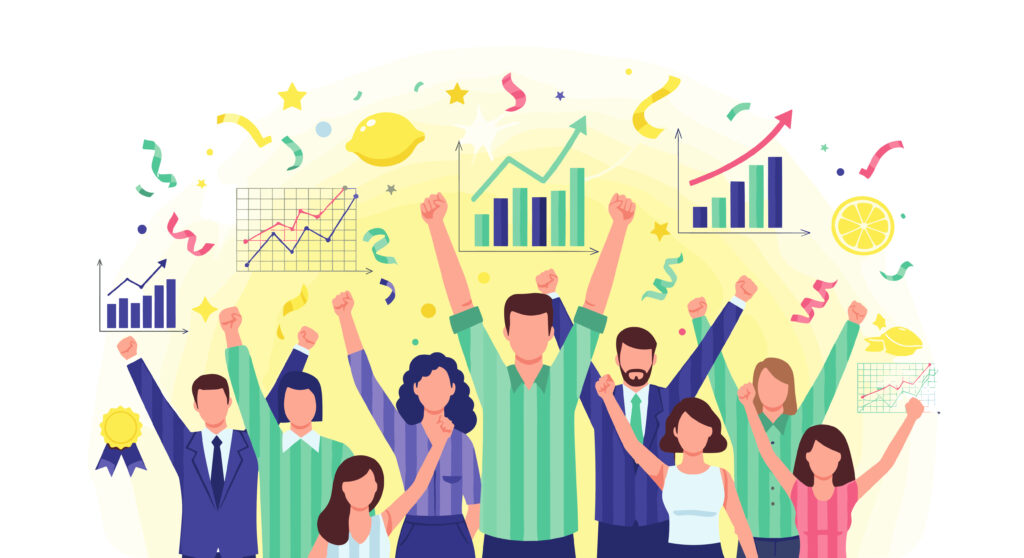 A diverse team of happy business professionals celebrates their collective success and financial growth with arms raised amidst confetti and upward-trending charts - SEMICON.TODAY