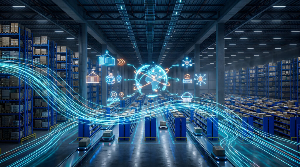 Futuristic automated warehouse displaying glowing data streams and digital icons representing intelligent logistics - SEMICON.TODAY