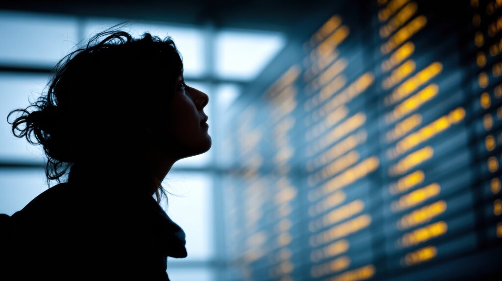 Business Traveler Looks at Departure Board While Waiting for Flight Information in Airport - SEMICON.TODAY