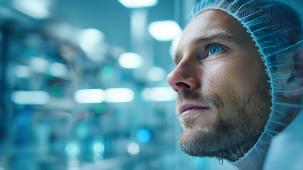 A professional semiconductor engineer in a white bunny suit looking through a cleanroom glass partition the glass reflects the complex fab machinery and the engineers face silhou - SEMICON.TODAY