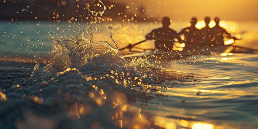 A silhouette of a rowing crew in the golden light of the sunset as they race across the water - SEMICON.TODAY