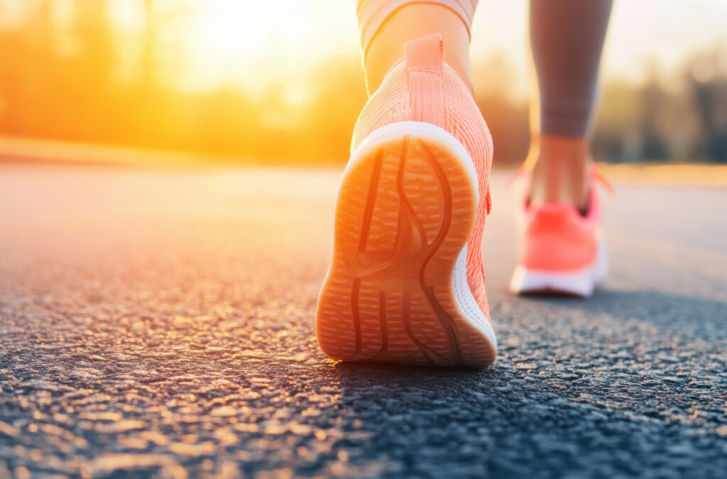 Close-up of a pink running shoe stepping forward on an asphalt road at sunset, conveying a daytime jog.