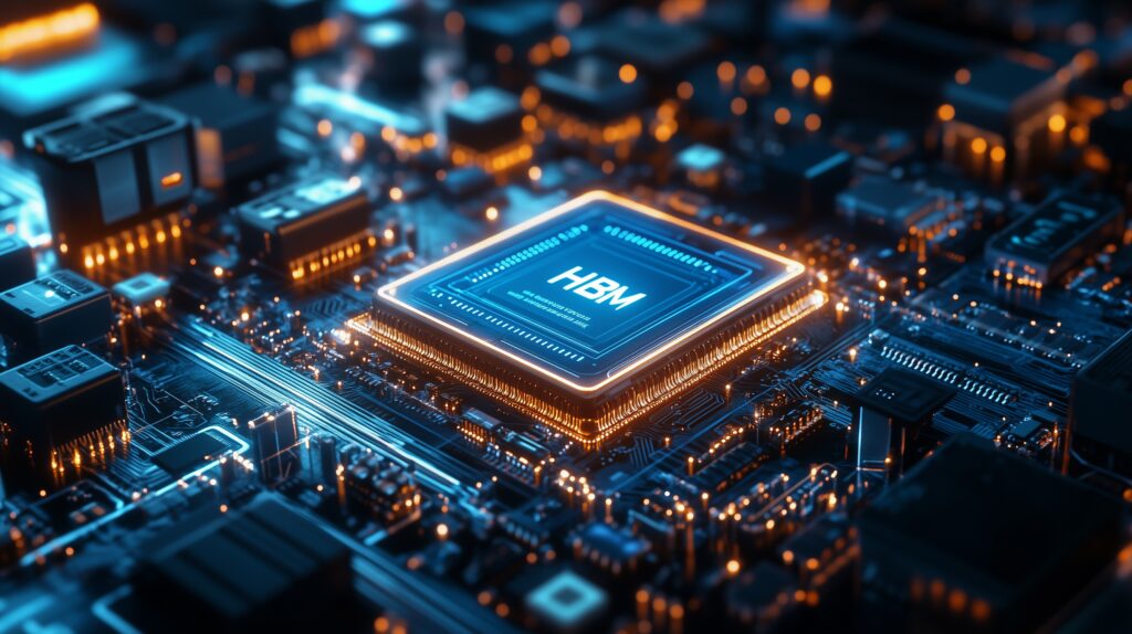High Bandwidth Memory - SEMICON.TODAY IBM processor chip mounted on a blue-lit circuit board, surrounded by glowing orange lights and intricate circuitry.