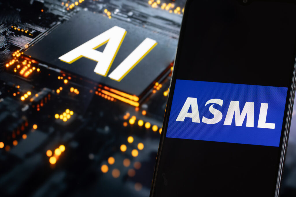 Smartphone screen showing the ASML logo in blue against a blurred circuit-board background.